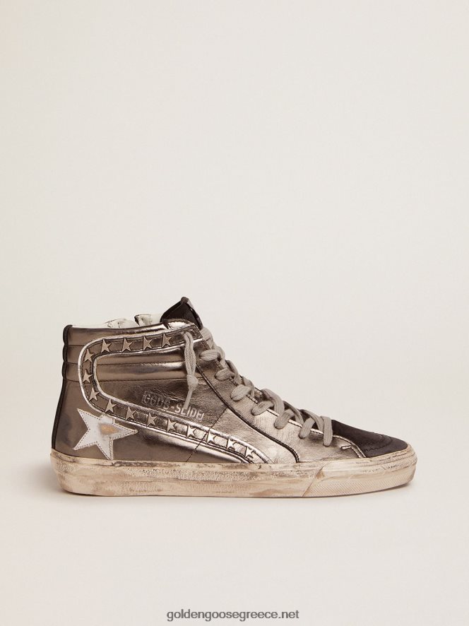 γυναίκες slide sneakers με ασημί πλαστικοποιημένο δερμάτινο επάνω μέρος και καρφιά σε σχήμα αστεριούGolden Goose 264N2R108
