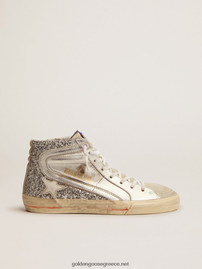 γυναίκες slide sneakers με επάνω μέρος από πλαστικοποιημένο δέρμα και ασημί glitterGolden Goose 264N2R69