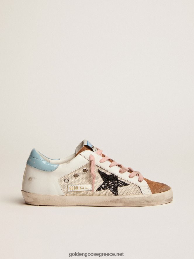 γυναίκες super-star sneakers σε ανοιχτό γκρι πλέγμα και λευκό δέρμα με μαύρο glitter αστέριGolden Goose 264N2R227